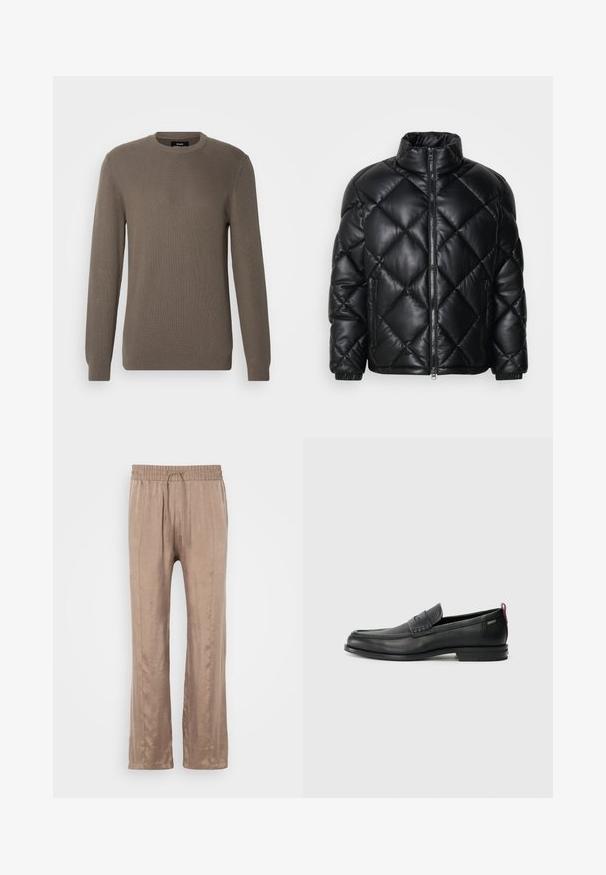 Črna prešita jakna s kapuco, z visokim ovratnikom, sprednjim zadrgo in stranskimi žepi z zadrgo, izdelana iz gladkega sijajnega materiala.; Rjava rebrasta pulover s krožnim ovratnikom, dolgimi rokavi in teksturirano tkanino. Preprost dizajn brez dodatnih vzorcev ali kovinskih elementov.; Svetlo rjave široke hlače iz gladkega materiala, z elastičnim pasom in vrvico za zategovanje ter dvema sprednjima pregiboma.; Črne usnjene loafer čevlje z teksturiranim sprednjim delom in gladkimi stranmi. Imajo ozko peto in zadnji zanko za enostavno obuvanje. Klasična zasnova.