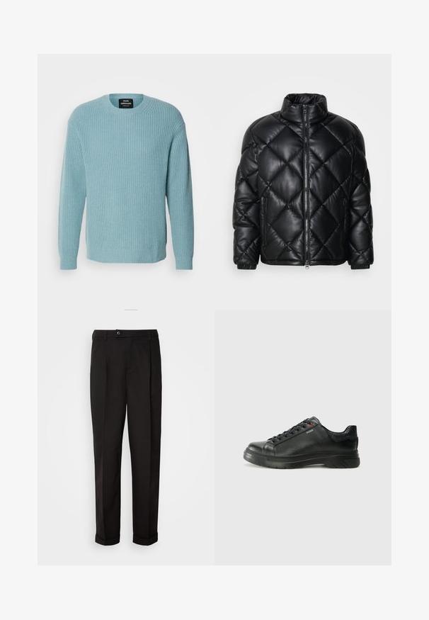 Schwarze gesteppte Puffjacke mit hohem Kragen, Frontreißverschluss und seitlichen Reißverschlusstaschen, aus glattem, glänzendem Material gefertigt.; Mads Nørgaard VILHELM - Strickpullover - slate; Schwarze Hose mit glatter Textur, gerade geschnitten, zwei Fronttaschen und einem einzigen Knopfverschluss an der Taille.; Schwarze Leder-Sneaker mit strukturiertem Obermaterial, gepolstertem Kragen und rotem Logo-Detail. Verfügt über eine dicke Gummisohle mit markantem Profil.