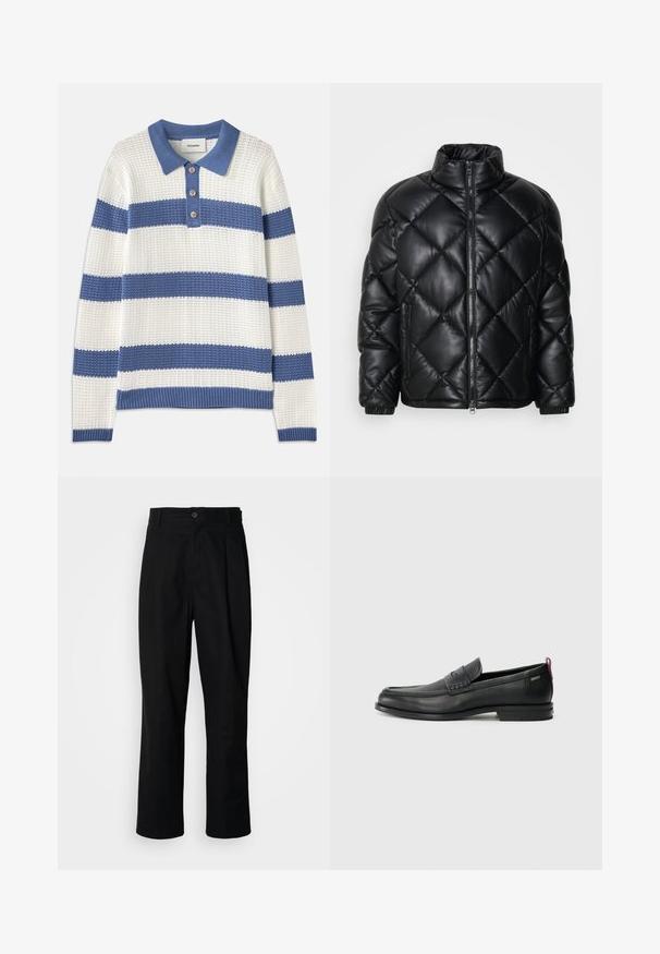 Svart quiltet pufferjakke med høy krage, frontglidelås og glidelåslommer på sidene, laget av glatt, skinnende materiale.; Genser i hvite og blå horisontale striper, strikket tekstur, krage med tre knapper. Ribbestrikkede mansjetter og nederkant, avslappet passform.; Sorte bukser med rette ben, med knappet liv, belteholdere og frontfold, vist mot en enkel hvit bakgrunn.; Svarte lær loafers med teksturert frontpanel og glatte sider. Har en slank hæl og bakløkke for enkel påkledning. Klassisk design.