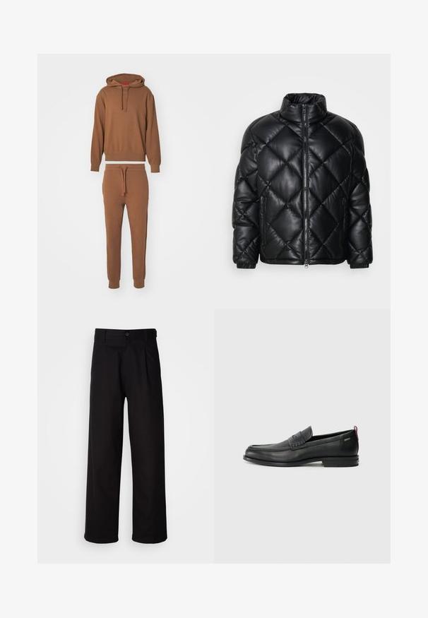 Giacca puffer nera trapuntata con colletto alto, zip frontale e tasche laterali con zip, realizzata in materiale lucido e liscio.; HUGO DAPODAYOTE - Felpa - medium brown; Pantaloni neri realizzati in tessuto morbido, con design a gamba dritta, pieghe frontali e chiusura con una singola bottone in vita.; Mocassini in pelle nera con un pannello anteriore testurizzato e lati lisci. Presentano un tacco sottile e un anello sul retro per una vestibilità facile. Design classico.