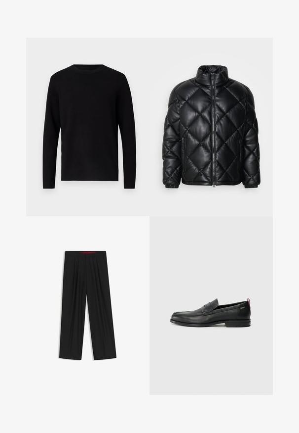 Black quilted puffer jacket with high collar, front zipper, and zippered side pockets, made of smooth shiny material.; Black knit sweater with a crew neckline and long sleeves. Smooth texture and solid color, featuring no visible patterns or accents.; Black wide-leg trousers with a flat front, two side pockets, pleated design, and a contrasting red interior waistband.; Black leather loafers with a textured front panel and smooth sides. Features a slim heel and rear loop for easy wear. Classic design.