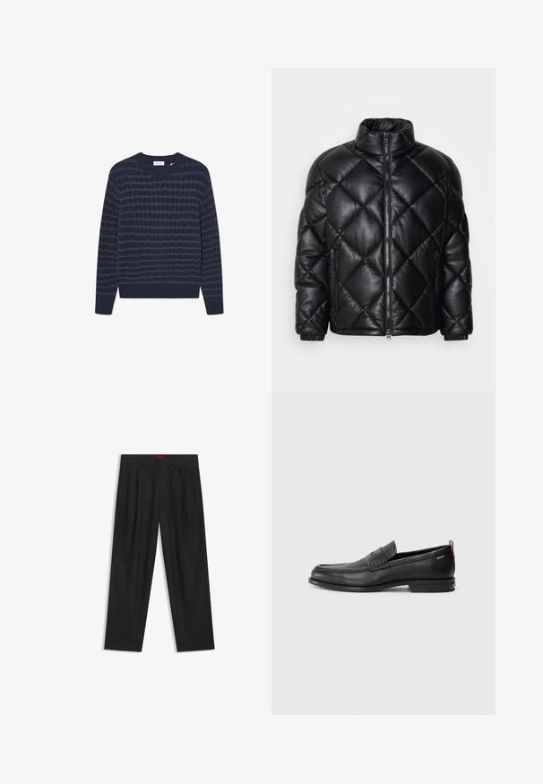 Black quilted puffer jacket with high collar, front zipper, and zippered side pockets, made of smooth shiny material.; Navy blue knit sweater with a textured pattern of alternating horizontal stripes. Ribbed cuffs and neckline, made from a soft fabric.; Black trousers with a pleated design, wide leg shape, and a smooth texture. Features a red waistband tag.; Black leather loafers with a textured front panel and smooth sides. Features a slim heel and rear loop for easy wear. Classic design.