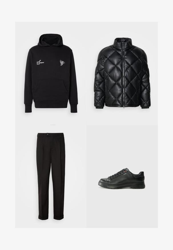 Juodas kvadratinis pūkų paltas su aukštu apykakle, priekiniais užtrauktukais ir užtrauktukinėmis šoninėmis kišenėmis, pagamintas iš lygaus blizgaus medžiagos.; Juodas džemperis su priekine kengūros kišene. Krūtinėje yra baltas tekstas ir geometrinės grafikos elementai. Pagamintas iš minkštos medvilnės medžiagos.; Juodos kelnės su lygiu paviršiumi, tiesaus kirpimo, su dviem priekinių kišenių ir vieno mygtuko uždarymu juosmenyje.; Juodos odinės sportinės bateliai su tekstūruota viršutine dalimi, paminkštinta apykakle ir raudonu logotipo akcentu. Yra storas guminis padas su išskirtiniu protektoriaus raštu.