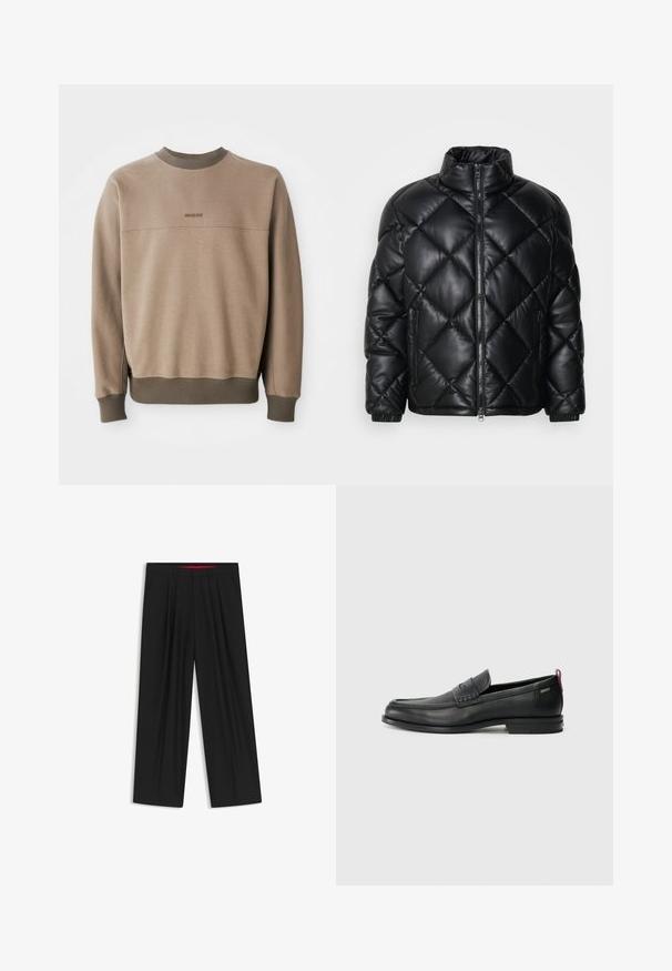 Zwarte gewatteerde pufferjack met hoge kraag, ritssluiting aan de voorkant en ritstas aan de zijkanten, gemaakt van glad, glanzend materiaal.; Beige crewneck sweatshirt met geribbelde kraag, manchetten en onderrand, met subtiele geborduurde "BOSS" logo op de borst.; Zwarte wijde broek met een vlakke voorkant, twee zijzakken, geplooid ontwerp en een contrasterende rode binnenband.; Zwarte leren instappers met een textuur aan de voorkant en gladde zijden. Voorzien van een slanke hak en een lus aan de achterkant voor gemakkelijk aan- en uittrekken. Klassiek ontwerp.