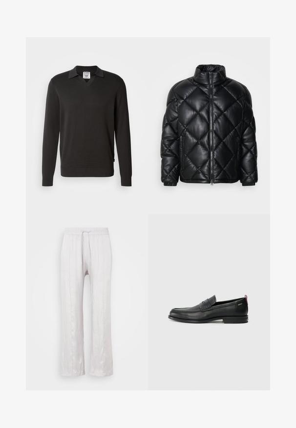 Casaquinho puffer preto, acolchoado, com colarinho alto, fecho frontal com zíper e bolsos laterais com zíper, feito de um material liso e brilhante.; Sweater preto de manga longa com decote em V e design com gola. Feito de um tecido de malha suave, apresentando punhos e acabamento em ribana.; Calças largas em cinza claro, em tecido suave, com um cós elástico e cordão. Pernas retas com pregas subtis, sem padrões visíveis.; Mocassins de couro pretos com um painel frontal texturizado e laterais lisas. Apresentam um salto fino e uma alça na parte de trás para fácil colocação. Design clássico.