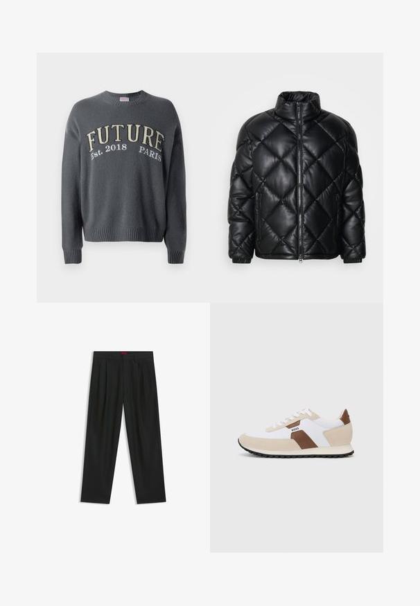 Chaqueta de plumas acolchada negra con cuello alto, cremallera frontal y bolsillos laterales con cremallera, hecha de un material suave y brillante.; Suéter de punto gris oscuro con puños y dobladillo acanalados, que presenta "FUTURE Est. 2018 PARÍS" bordado en el pecho en beige y blanco.; Pantalones negros con diseño plisado, forma de pierna ancha y textura suave. Presenta una etiqueta de cintura roja.; Zapatillas que combinan malla blanca y gamuza beige, con un acento de cuero marrón. Punta redondeada, suela de goma plana y diseño con cordones.