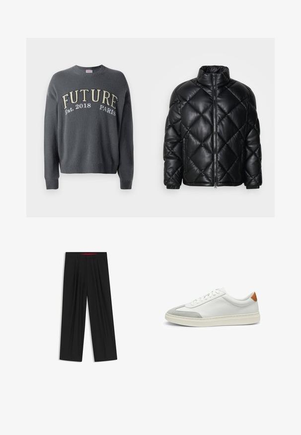 Schwarze gesteppte Puffjacke mit hohem Kragen, Frontreißverschluss und seitlichen Reißverschlusstaschen, aus glattem, glänzendem Material gefertigt.; Dunkelgrauer Strickpullover mit gerippten Bündchen und Saum, versehen mit der Stickerei "FUTURE Est. 2018 PARIS" in Beige und Weiß auf der Brust.; Schwarze weit geschnittene Hosen mit flachem Bund, zwei seitlichen Taschen, gefaltetem Design und einem kontrastierenden roten Innenbund.; Weiße Leder-Sneaker mit grauen Wildlederakzenten und einer sandfarbenen Lederfersenschlaufe. Sie verfügen über eine strukturierte Oberfläche und eine leichte Sohle.