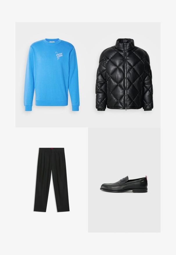 Chaqueta de plumas acolchada negra con cuello alto, cremallera frontal y bolsillos laterales con cremallera, hecha de un material suave y brillante.; Sudadera azul de tela suave, con mangas largas, cuello redondo y el logo "Scotch & Soda" en rosa en la parte delantera.; Pantalones negros con diseño plisado, forma de pierna ancha y textura suave. Presenta una etiqueta de cintura roja.; Mocasines de cuero negro con un panel frontal texturizado y laterales lisos. Presenta un tacón delgado y un lazo trasero para facilitar su uso. Diseño clásico.