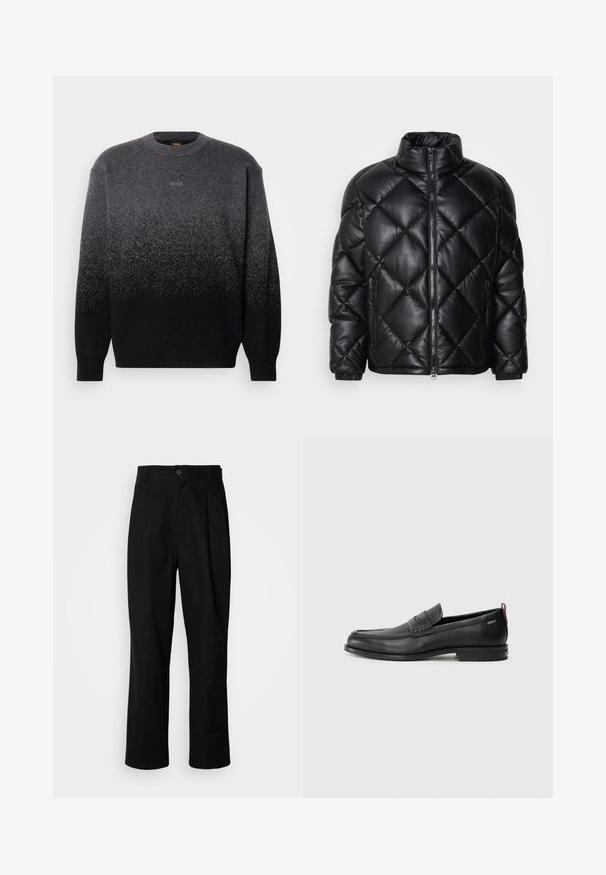 Črna prešita jakna s kapuco, z visokim ovratnikom, sprednjim zadrgo in stranskimi žepi z zadrgo, izdelana iz gladkega sijajnega materiala.; Pulover z dolgimi rokavi in okroglim ovratnikom z gradientom od sive do črne barve ter vezenim logotipom "BOSS" na prsih.; Črne hlače ravnega kroja z gumbastim pasom, zanke za pas in sprednjim pregibom, prikazane na enobarvnem belem ozadju.; Črne usnjene loafer čevlje z teksturiranim sprednjim delom in gladkimi stranmi. Imajo ozko peto in zadnji zanko za enostavno obuvanje. Klasična zasnova.