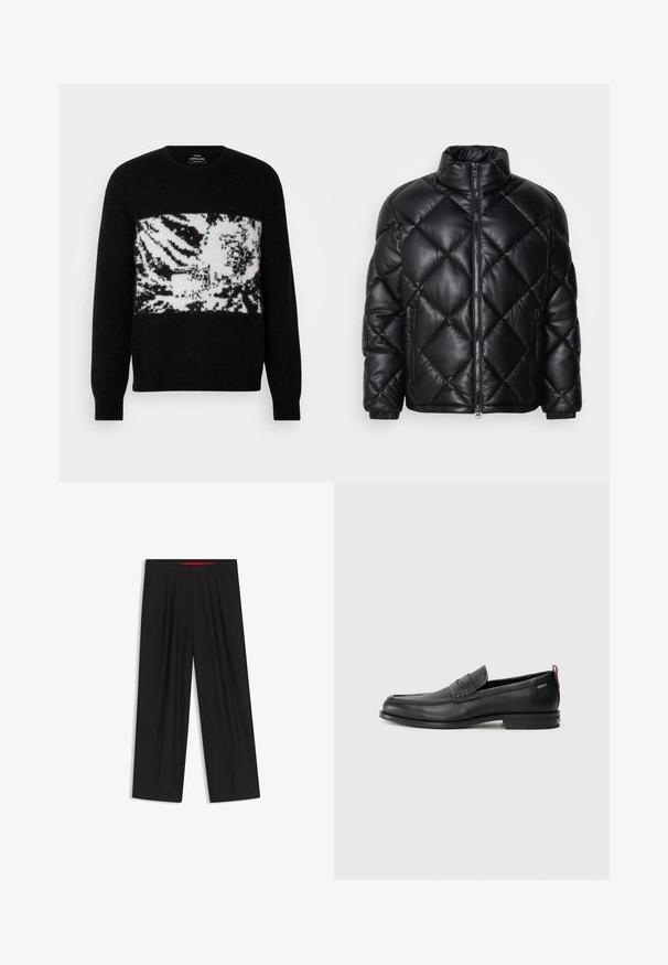 Mustat tikattu pusakka, jossa on korkea kaulus, etuvetoketju ja vetskarilla varustetut sivutaskut. Valmistettu sileästä kiiltävästä materiaalista.; Musta neule, jossa on valkoinen, abstrakti seeprahengitys rintaosassa. Valmistettu pehmeästä materiaalista, jossa on kankaiset hihansuut ja pyöreä kaula-aukko.; Musta leveälahkeinen housu, jossa on litteä etuosa, kaksi sivupistettä, laskostettu muotoilu ja kontrastivärinen punainen vyötärön sisäosa.; Musta nahkakengät, joissa on teksturoitu etupaneeli ja sileät sivut. Varustettu kapealla kantapäillä ja takasilmukalla helppoa pukemista varten. Klassinen muotoilu.