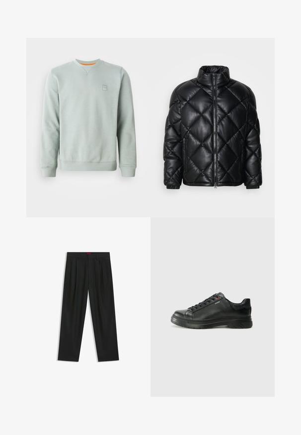 Schwarze gesteppte Puffjacke mit hohem Kragen, Frontreißverschluss und seitlichen Reißverschlusstaschen, aus glattem, glänzendem Material gefertigt.; Hellgrüner Rundhals-Pullover mit langen Ärmeln, gerippten Bündchen und Saum sowie kleinem geprägtem Logo auf der linken Brust.; Schwarze Hose mit einem gefältelten Design, weiter Beinform und glatter Textur. Verfügt über ein rotes Taillenlabel.; Schwarze Leder-Sneaker mit strukturiertem Obermaterial, gepolstertem Kragen und rotem Logo-Detail. Verfügt über eine dicke Gummisohle mit markantem Profil.