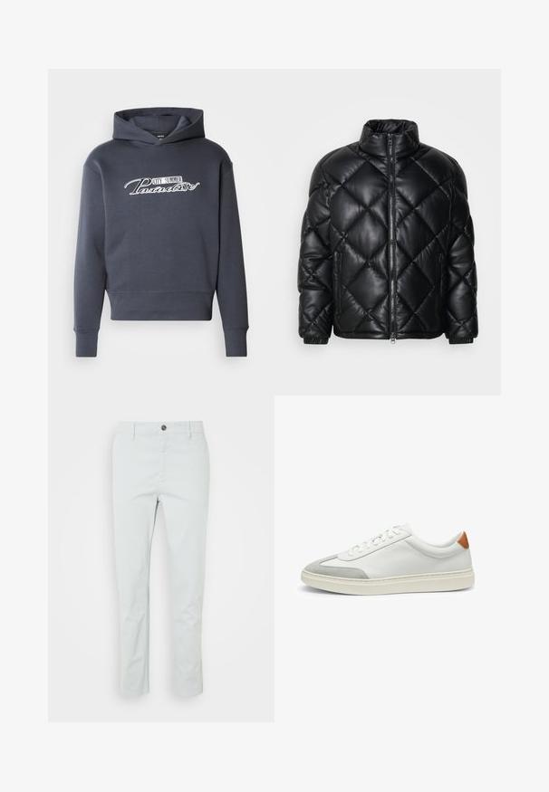 Chaqueta de plumas acolchada negra con cuello alto, cremallera frontal y bolsillos laterales con cremallera, hecha de un material suave y brillante.; Sudadera con capucha en gris oscuro, con texto en blanco "CITY SUMMER Paradise" en la parte frontal. Tejido suave, puños y dobladillo acanalados.; Pantalones de algodón verde claro con corte recto, que cuentan con un cierre de botón frontal y bolsillos laterales. Textura suave, sin patrones visibles.; Zapatillas de cuero blanco con acentos de ante gris y un refuerzo de cuero marrón claro en el talón. Presentan una superficie texturizada y una suela ligera.