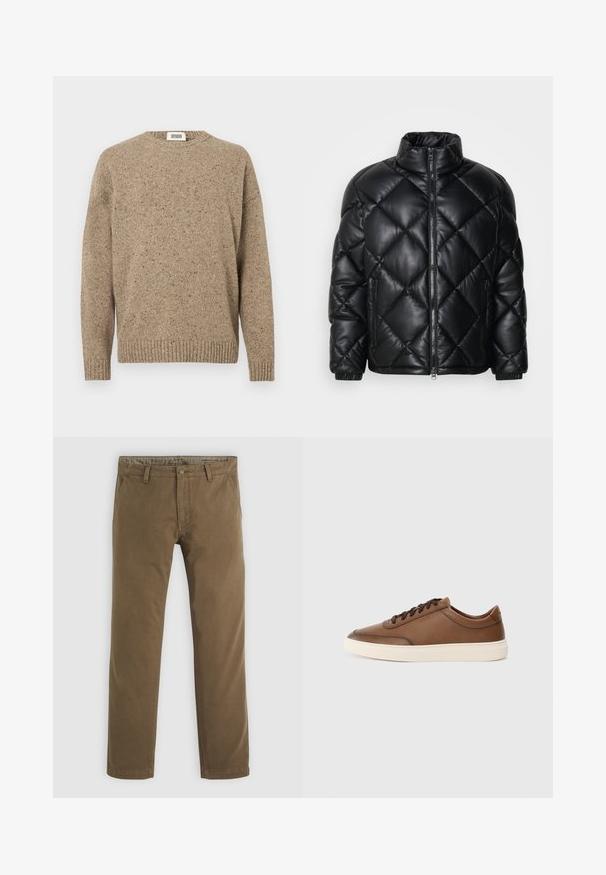 Zwarte gewatteerde pufferjack met hoge kraag, ritssluiting aan de voorkant en ritstas aan de zijkanten, gemaakt van glad, glanzend materiaal.; Beige gebreide trui met een ronde hals, lange mouwen en ribgebreide zoom. De textuur van de stof vertoont spikkels van donkerdere tinten doorheen.; Khaki katoenen broek met een rechte pasvorm, voorzien van een knoopsluiting, twee voorzakken en een gladde textuur.; Bruine leren sneaker met een gladde afwerking, vetersluiting en contrasterende off-white rubberen zool. Minimale branding aan de zijkant.