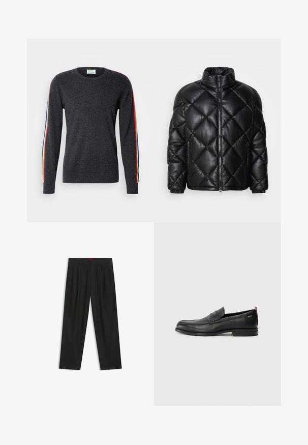 Svart quiltad pufferjacka med hög krage, framzipper och sidofickor med dragkedja, tillverkad av glatt glänsande material.; Mörkgrå tröja med långa ärmar, med regnbågsfärgade ränder längs axlarna. Gjord av mjukt tyg med rundad halsringning.; Svarta byxor med vikta detaljer, bred benform och en slät textur. Har en röd midjebandsetikett.; Svarta läderloafers med en texturerad frontpanel och släta sidor. Utrustade med en smal klack och en bakre ögla för enkel påtagning. Klassisk design.