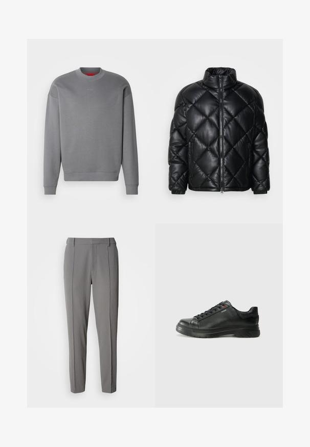 Melnā kviltēta pūkā žakete ar augstu apkakli, priekšējo rāvējslēdzi un rāvējslēdzēja sānu kabatām, izgatavota no gludas, spīdīgas materiāla.; HUGO DAPOCREW - Ikdienas džemperis - open grey; Calvin Klein PULL ON - Auduma bikses - pewter; Melnas ādas sporta kedas ar teksturētu virsu, mīkstinātu apmalu un sarkanu logotipa detaļu. Iezīmējas ar biezu gumijas zoli ar izteiktu rakstu.