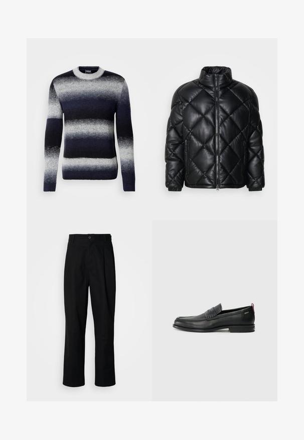 Black quilted puffer jacket with high collar, front zipper, and zippered side pockets, made of smooth shiny material.; Knitted sweater in dark blue and gray, featuring horizontal stripes. Round neckline, long sleeves, soft texture, and ribbed cuffs.; Black straight-leg trousers with a buttoned waistband, belt loops, and front crease, displayed against a plain white background.; Black leather loafers with a textured front panel and smooth sides. Features a slim heel and rear loop for easy wear. Classic design.