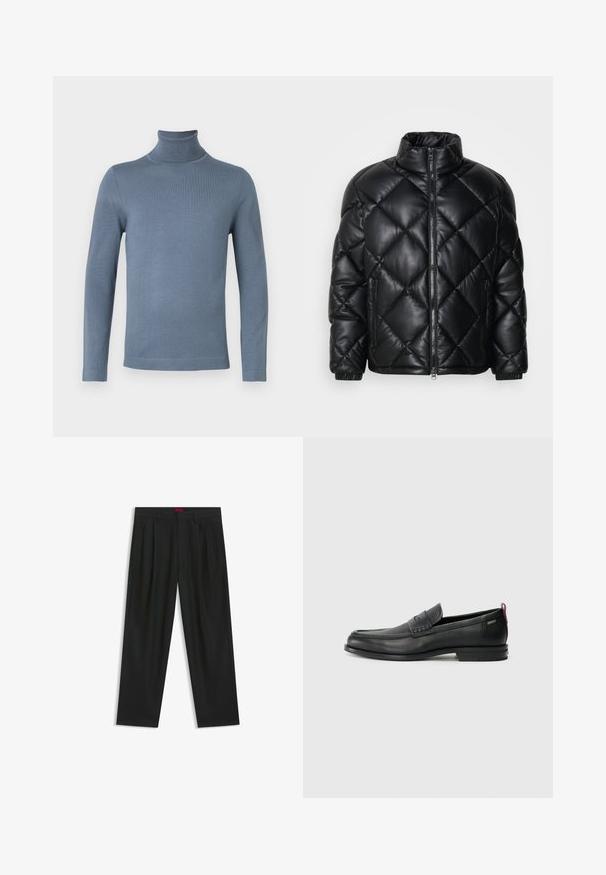 Schwarze gesteppte Puffjacke mit hohem Kragen, Frontreißverschluss und seitlichen Reißverschlusstaschen, aus glattem, glänzendem Material gefertigt.; Helles blauer, langärmeliger Rollkragenpullover mit einer schlichten, glatten Stricktextur und figurbetontem Schnitt auf einem weißen Hintergrund.; Schwarze Hose mit einem gefältelten Design, weiter Beinform und glatter Textur. Verfügt über ein rotes Taillenlabel.; Schwarze Lederloafers mit einem strukturierten Vorderteil und glatten Seiten. Sie verfügen über einen schmalen Absatz und eine Schlaufe an der Rückseite für einfaches Anziehen. Klassisches Design.