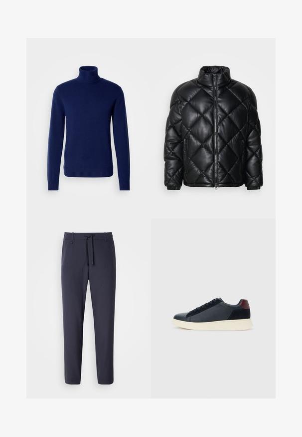 Casaquinho puffer preto, acolchoado, com colarinho alto, fecho frontal com zíper e bolsos laterais com zíper, feito de um material liso e brilhante.; Pullover de gola alta azul-marinho feito de material de malha suave. Apresenta uma gola, punhos e bainha canelados. Design simples e ajustado, sem padrões visíveis.; Calças de jogging navais com cintura elástica e cordão. Feitas de um material suave, com pernas afuniladas e sem bolsos visíveis.; Sapatilha baixa masculina em couro preto e camurça com aba de calcanhar em amarelo-escuro e sola de borracha branca, vista do lado exterior.