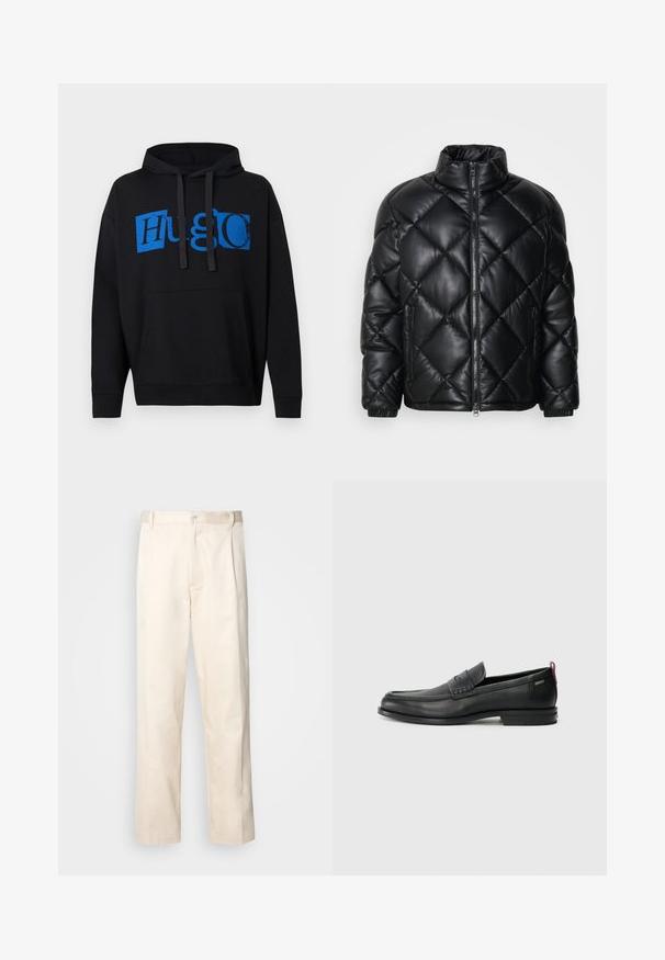 Melnā kviltēta pūkā žakete ar augstu apkakli, priekšējo rāvējslēdzi un rāvējslēdzēja sānu kabatām, izgatavota no gludas, spīdīgas materiāla.; Melns kapuce krekls ar lielu zilu "Hugo" grafiku uz priekšpuses, priekšējo kabatu un kapuci ar virvi. Klasisks dizains.; Bežā krāsā auduma bikses ar taisnu kāju griezumu, pievienotām pogu aizdares un priekšējiem krokām papildu detaļām.; Melni ādas loafers, ar teksturētu priekšējo paneli un gludām malām. Ar šauru papēdi un aizmugurējo cilpu vieglai uzlikšanai. Klasisks dizains.