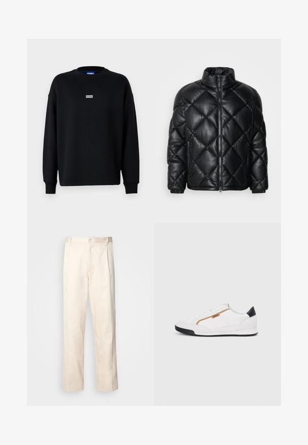 Μαύρη ραφτή πούφφερ ζακέτα με ψηλό γιακά, μπροστινό φερμουάρ, και φερμουάρ στα πλευρικά τσέπες, κατασκευασμένη από λείο γυαλιστερό υλικό.; Μαύρη φούτερ μπλούζα από βάτα, με μακριά μανίκια, στρογγυλή λαιμόκοψη και μια μικρή λευκή ετικέτα λογότυπου στο στήθος.; Μπεζ βαμβακερό παντελόνι με ίσια γραμμή, διαθέτει κουμπί κλεισίματος και πτυχές στο μπροστινό μέρος για επιπλέον λεπτομέρεια.; Λευκά αθλητικά παπούτσια με λεπτομέρειες από διχτυωτό και δερμάτινο υλικό. Διαθέτουν χρυσό λογότυπο "BOSS", υφασμάτινες πλευρές με υφή και μαύρη κάλυψη στη φτέρνα. Ελαστική σόλα.