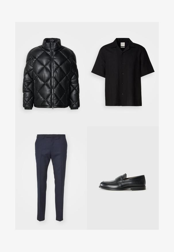 Melnā kviltēta pūkā žakete ar augstu apkakli, priekšējo rāvējslēdzi un rāvējslēdzēja sānu kabatām, izgatavota no gludas, spīdīgas materiāla.; Melnā īsām piedurknēm krekls, kas izgatavots no lina auduma, ar pogu aizdari, norādītu apkakli un gludu tekstūru. Nav izteiktu rakstu vai akcentu.; Navy krāsas šūtas bikses ar gludu tekstūru, ar plakanu priekšu, kroku līnijām un elegantu piegriezumu, piemērotas formāliem gadījumiem.; Skaidrs ādas mokasīni ar noapaļotu purngalu, šūšanas detaļām un plakanu gumijas zoli. Iekļauta plata josla pāri pēdas vidusdaļai.