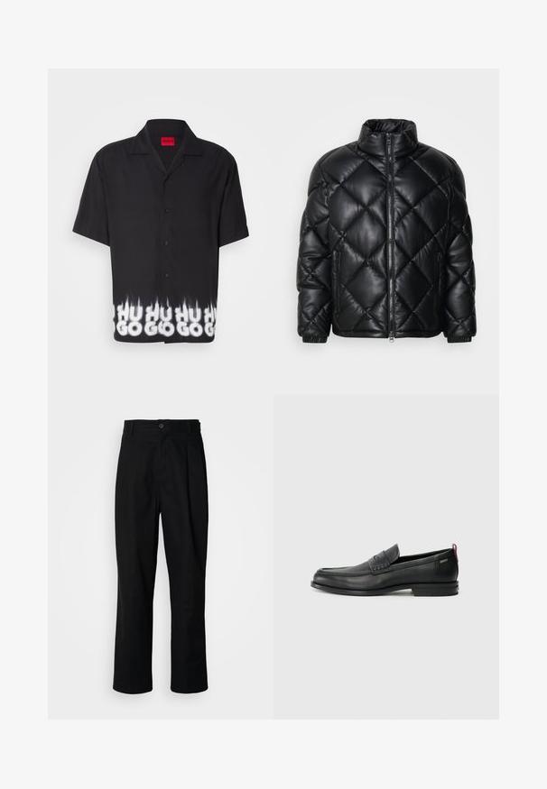 Zwarte gewatteerde pufferjack met hoge kraag, ritssluiting aan de voorkant en ritstas aan de zijkanten, gemaakt van glad, glanzend materiaal.; Zwarte short-sleeve shirt met een knoopsluiting aan de voorkant, voorzien van een grafisch ontwerp in wit en grijs aan de onderkant, met de tekst "HU GO" in een vlamachtig patroon.; Zwarte rechte broek met een knoopsluiting, lusjes voor een riem en een voornaad, gepresenteerd tegen een effen witte achtergrond.; Zwarte leren instappers met een textuur aan de voorkant en gladde zijden. Voorzien van een slanke hak en een lus aan de achterkant voor gemakkelijk aan- en uittrekken. Klassiek ontwerp.