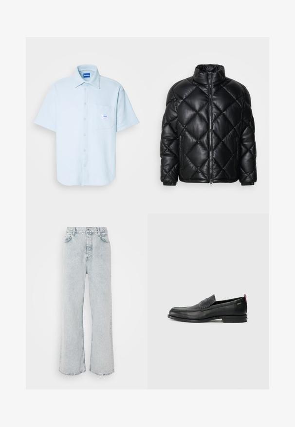 Jachetă puf cu model matlasat, de culoare neagră, cu guler înalt, fermoar frontal și buzunare laterale cu fermoar, realizată dintr-un material lucios și neted.; Cămașă cu mâneci scurte, de culoare albastră deschisă, dintr-un material texturat, cu guler, buzunar frontal cu etichetă și tiv drept, potrivită pentru purtare casual.; Jeans evazați din denim de un albastru deschis, cu talie înaltă, având un sistem de închidere cu nasture, cinci buzunare și o textură ușor decolorată.; Loafers din piele neagră cu un panou frontal texturat și laterale netede. Dispune de un toc subțire și o buclă în spate pentru o purtare ușoară. Design clasic.