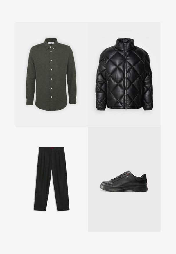 Sort quiltet pufferjakke med høj krave, frontlynlås og lynlåslommer i siden, lavet af glat, blankt materiale.; Mørkegrøn skjorte med knapper, krave, lange ærmer og hvide knapper. Blødt, struktureret stof med en svagt buet nederkant.; Sorte bukser med plisseret design, bred benform og en glat tekstur. Har et rødt taljetag.; Sorte lædersneakers med tekstureret overdel, polstret krave og rødt logo-detajle. Har en tyk gummisål med tydeligt mønster.
