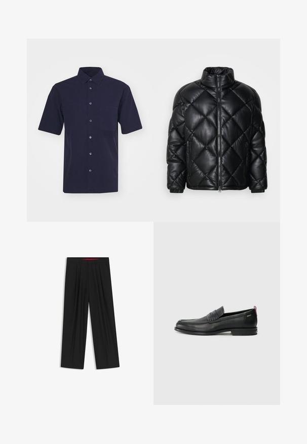 Schwarze gesteppte Puffjacke mit hohem Kragen, Frontreißverschluss und seitlichen Reißverschlusstaschen, aus glattem, glänzendem Material gefertigt.; Dunkelblaues Kurzarmhemd aus einem glatten Stoff. Verfügt über einen klassischen Kragen, eine Knopfleiste und eine Brusttasche.; Schwarze weit geschnittene Hosen mit flachem Bund, zwei seitlichen Taschen, gefaltetem Design und einem kontrastierenden roten Innenbund.; Schwarze Lederloafers mit einem strukturierten Vorderteil und glatten Seiten. Sie verfügen über einen schmalen Absatz und eine Schlaufe an der Rückseite für einfaches Anziehen. Klassisches Design.