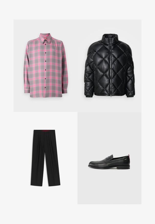 Schwarze gesteppte Puffjacke mit hohem Kragen, Frontreißverschluss und seitlichen Reißverschlusstaschen, aus glattem, glänzendem Material gefertigt.; Grau karierte Button-up-Hemden mit pinken Akzenten, langen Ärmeln, einem klassischen Kragen und einem Logo auf der oberen linken Brust.; Schwarze weit geschnittene Hosen mit flachem Bund, zwei seitlichen Taschen, gefaltetem Design und einem kontrastierenden roten Innenbund.; Schwarze Lederloafers mit einem strukturierten Vorderteil und glatten Seiten. Sie verfügen über einen schmalen Absatz und eine Schlaufe an der Rückseite für einfaches Anziehen. Klassisches Design.