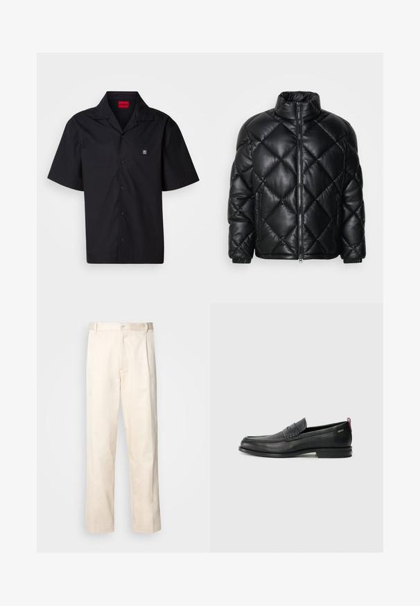 Čierna prešívaná zateplená bunda s vysokým golierom, predným zipsom a zipsovými bočnými vreckami, vyrobená z hladkého lesklého materiálu.; Čierna košeľa s krátkymi rukávmi vyrobená z bavlny. Má špicatý golier, predné zapínanie na gombíky a malé logo na ľavej hrudi. Hladká textúra.; Béžové bavlnené nohavice so strihom rovného nohu, s gombíkovým zapínaním a záhybmi vpredu pre pridanie detailu.; Čierne kožené mokasíny s textúrovaným predným panelom a hladkými bokmi. Majú úzky podpätok a zadný pútko pre jednoduché obúvanie. Klasický dizajn.