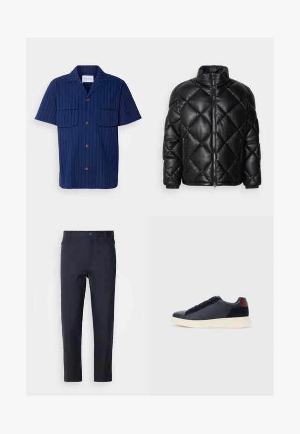 Juodas kvadratinis pūkų paltas su aukštu apykakle, priekiniais užtrauktukais ir užtrauktukinėmis šoninėmis kišenėmis, pagamintas iš lygaus blizgaus medžiagos.; Tamsiai mėlynas trumpų rankovių marškinis su tekstūruota dryžuota raštu, dviem krūtinės kišenėmis ir rudos spalvos sagomis priekyje ir ant apykaklės.; Tamsiai mėlynos pritaikytos kelnės, pagamintos iš sklandžios medžiagos, su užtrauktuku užsegama kišene, tiesiomis kojomis ir mygtuko užsegimu juosmens srityje.; Juodos odinės ir zomšinės vyriškos žemos sportinės avalynės su bordo spalvos kulkšnių juostele ir balto kaučiuko padu vaizdas iš išorės.