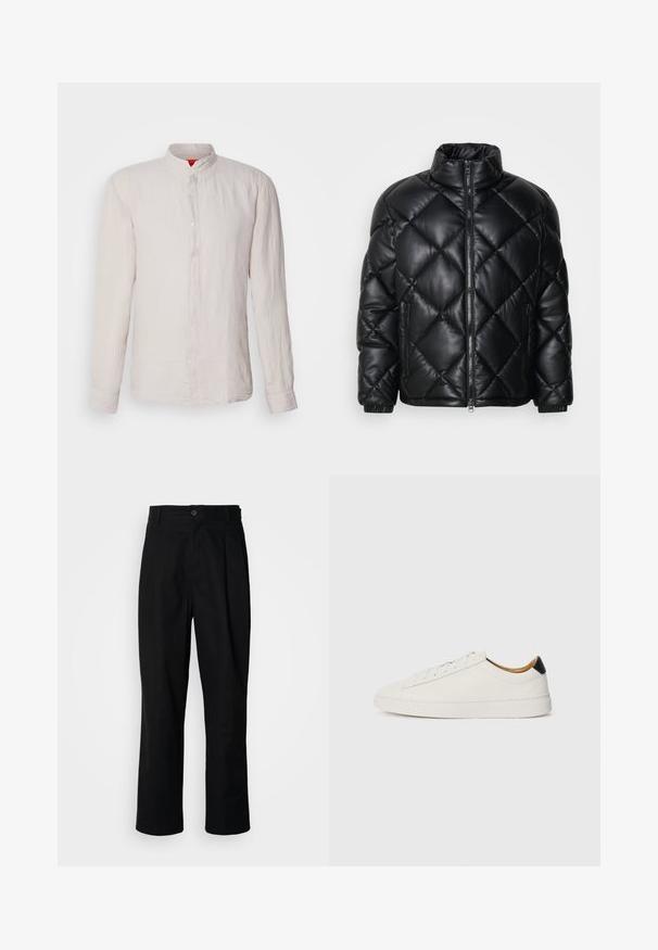 Svart quiltet pufferjakke med høy krage, frontglidelås og glidelåslommer på sidene, laget av glatt, skinnende materiale.; HUGO ELVORY - Skjorte - light/pastel grey; Sorte bukser med rette ben, med knappet liv, belteholdere og frontfold, vist mot en enkel hvit bakgrunn.; Hvit sneaker med et glatt skinnoverside, rund tå og flat såle. Svart detalj ved hælen, med ton-i-ton snøring og minimal merkevare.