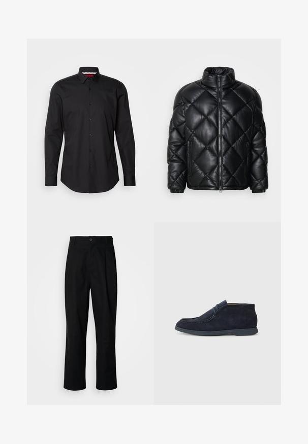 Svart quiltet pufferjakke med høy krage, frontglidelås og glidelåslommer på sidene, laget av glatt, skinnende materiale.; Svart skjorte med lange ermer, klassisk krage og synlig knappestolpe. Inne i kragen er det et rødt og hvitt mønster.; Sorte bukser med rette ben, med knappet liv, belteholdere og frontfold, vist mot en enkel hvit bakgrunn.; Marineblå suedestøvlett med rund tå og sømdetaljer. Har en glatt gummisåle og et minimalistisk design uten synlig merkevare.