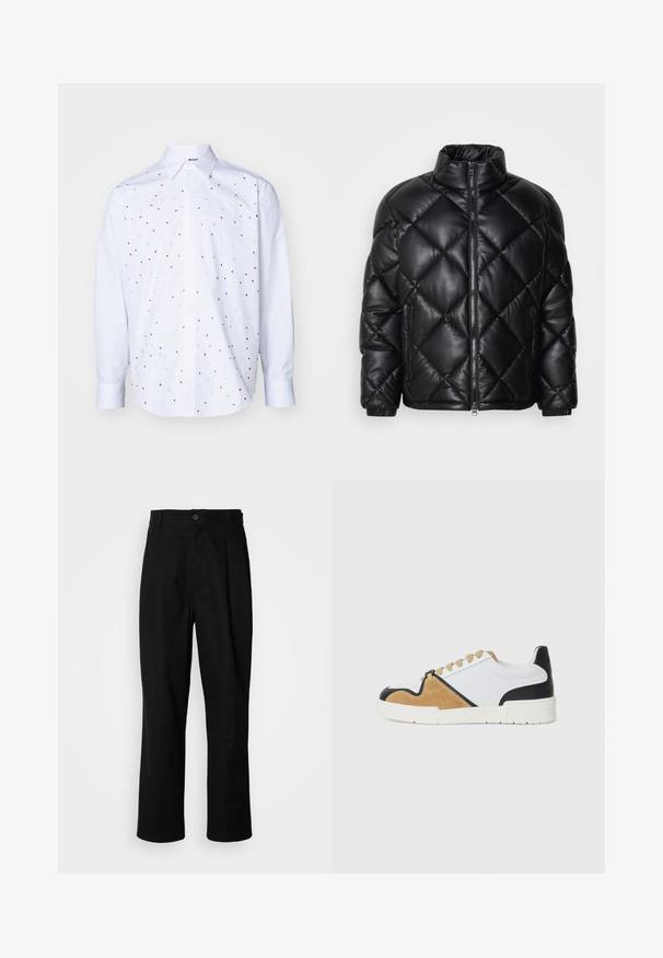 Black quilted puffer jacket with high collar, front zipper, and zippered side pockets, made of smooth shiny material.; MSGM CAMICIA - Shirt - white; Black straight-leg trousers with a buttoned waistband, belt loops, and front crease, displayed against a plain white background.; Sneakers made of white textile with tan suede and black leather accents, featuring a rounded toe, flat lace-up design, and textured sole.