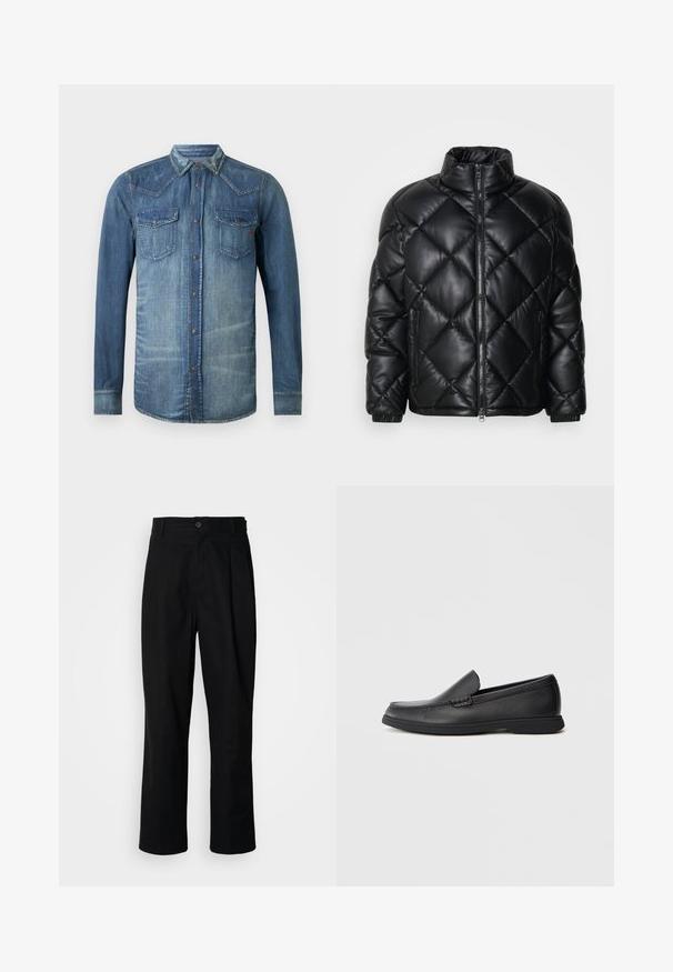 Chaqueta de plumas acolchada negra con cuello alto, cremallera frontal y bolsillos laterales con cremallera, hecha de un material suave y brillante.; Camisa de mezclilla, azul claro, de mangas largas, con botones en la parte delantera, dos bolsillos en el pecho, con un diseño y costuras de estilo occidental, acabado desgastado.; Pantalones rectos negros con cintura con botones, trabillas para cinturón y pliegue frontal, exhibidos sobre un fondo blanco liso.; Mocasín negro de cuero, sin cordones, con parte superior texturizada, punta redondeada, tacón bajo y suela de goma, mostrado en perfil lateral sobre un fondo blanco.