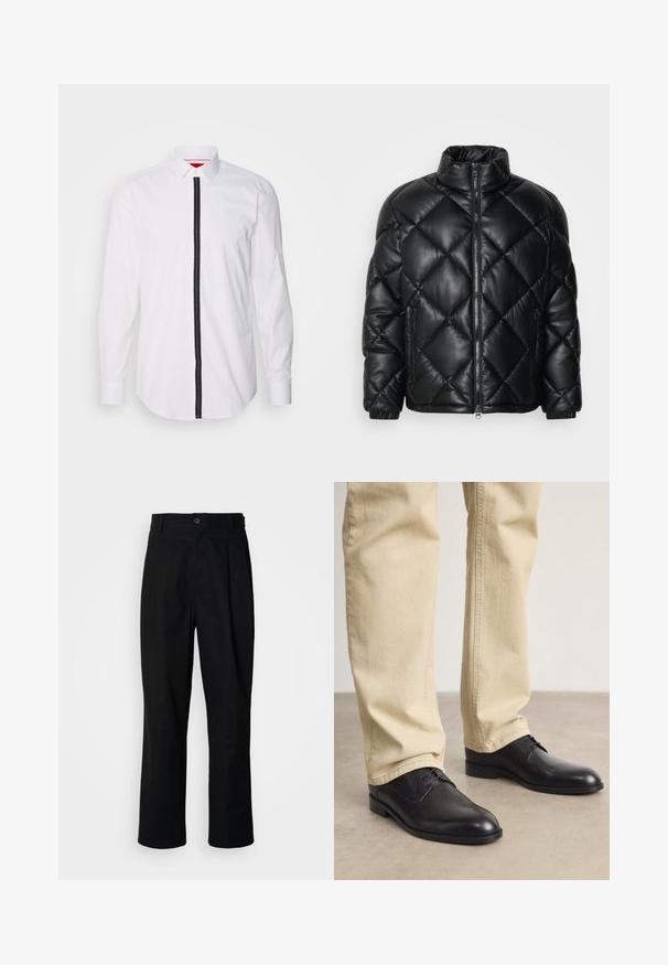 Melnā kviltēta pūkā žakete ar augstu apkakli, priekšējo rāvējslēdzi un rāvējslēdzēja sānu kabatām, izgatavota no gludas, spīdīgas materiāla.; Balta garām piedurknēm krekls ar melnu vertikālu svītru gar priekšpusi, ar pogas apkakli un gludu tekstūru.; Melni taisni bikses ar pogu, jostu cilpiņām un priekšējo krokām, izliktas uz vienkārša balta fona.; Melnas ādas kurpes ar auklēm, ar noapaļotu degunu, gludu apdari un smalkiem šuvēm, valkātas ar gaiši bežām biksēm.