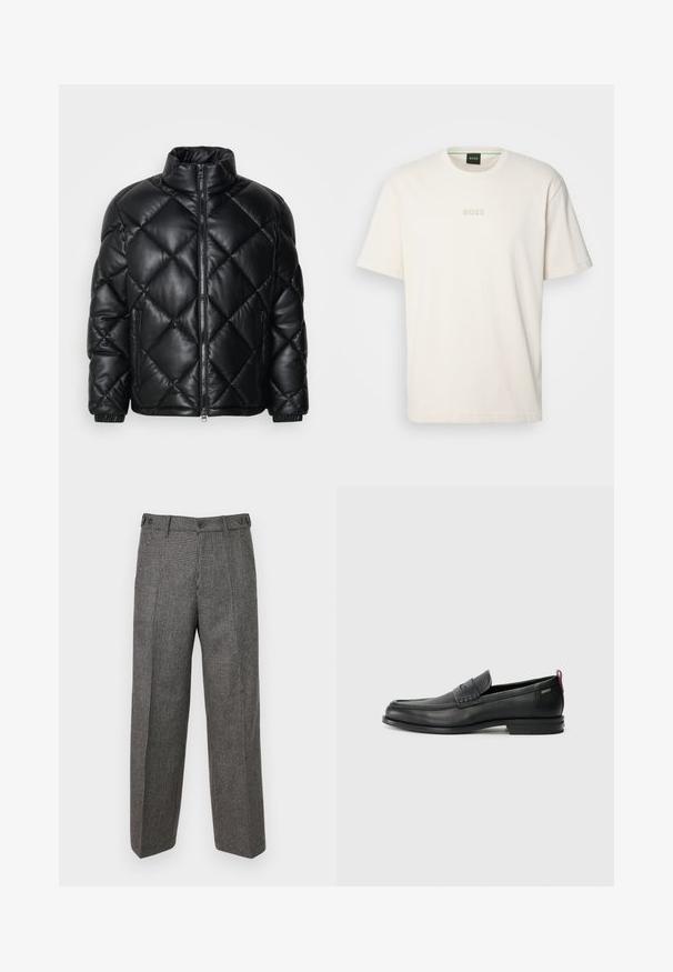 Černá prošívaná péřová bunda s vysokým límcem, předním zipem a kapsami na zip na bocích, vyrobená z hladkého lesklého materiálu.; BOSS TEE - Jednoduché tričko - open white; DRYKORN WYDER - Kalhoty - grey; Černé kožené mokasíny s texturovaným předním panelem a hladkými stranami. Mají štíhlý podpatek a zadní poutko pro snadné obouvání. Klasický design.