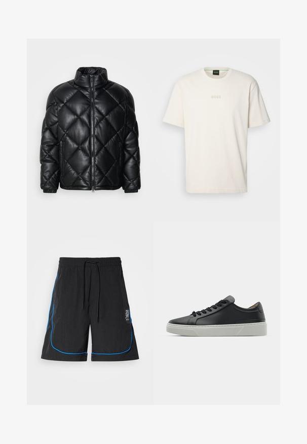 Black quilted puffer jacket with high collar, front zipper, and zippered side pockets, made of smooth shiny material.; BOSS TEE - Basic T-shirt - open white; Black swim shorts with a drawstring waist, featuring blue piping along the seams and a logo on the left thigh. Lightweight fabric.; Black leather sneaker with a smooth texture, round toe, and black laces. Features a thick, white rubber sole with subtle geometric accents.