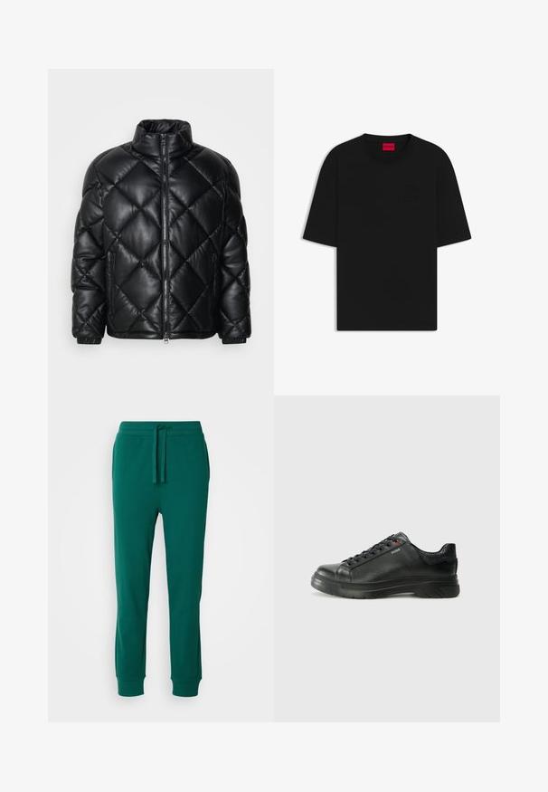 Schwarze gesteppte Puffjacke mit hohem Kragen, Frontreißverschluss und seitlichen Reißverschlusstaschen, aus glattem, glänzendem Material gefertigt.; Schwarzes Kurzarm-T-Shirt aus Baumwolle, mit Rundhalsausschnitt und geprägtem Logo auf der Vorderseite, in lockerer, lässiger Passform.; Grüne Baumwoll-Jogginghosen mit einem elastischen Bund, Kordelzug und Bündchen an den Knöcheln. Glatte Textur in einfarbig ohne sichtbare Muster.; Schwarze Leder-Sneaker mit strukturiertem Obermaterial, gepolstertem Kragen und rotem Logo-Detail. Verfügt über eine dicke Gummisohle mit markantem Profil.