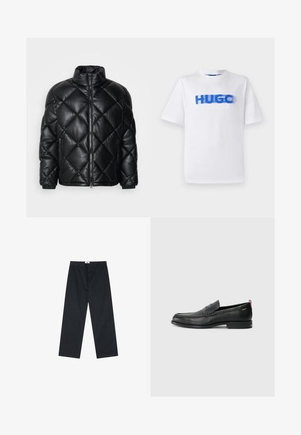 Casaquinho puffer preto, acolchoado, com colarinho alto, fecho frontal com zíper e bolsos laterais com zíper, feito de um material liso e brilhante.; T-shirt de algodão branco com decote redondo, apresentando um grande gráfico azul da palavra "HUGO" na parte frontal, com um efeito ligeiramente desfocado.; Calças de algodão pretas com um design de perna reta, apresentando um fecho de botão e uma cintura simples. Sem padrões ou acessórios adicionais.; Mocassins de couro pretos com um painel frontal texturizado e laterais lisas. Apresentam um salto fino e uma alça na parte de trás para fácil colocação. Design clássico.