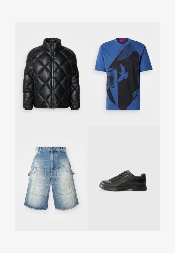 Juodas kvadratinis pūkų paltas su aukštu apykakle, priekiniais užtrauktukais ir užtrauktukinėmis šoninėmis kišenėmis, pagamintas iš lygaus blizgaus medžiagos.; Mėlynas medvilninis marškinėliai su apvalia iškirpte, puošti juodu grafiniu piešiniu, kuriame yra formų ir paukščių, ir raudona etikete ant kaklo.; Džinsiniai šortai su išblukusia šviesiai mėlyna spalva, turintys keturis kišenes, nusidėvėjimo detalių ir plačią, tiesią išpjovą. Sustiprinta siuvimo linija.; Juodos odinės sportinės bateliai su tekstūruota viršutine dalimi, paminkštinta apykakle ir raudonu logotipo akcentu. Yra storas guminis padas su išskirtiniu protektoriaus raštu.