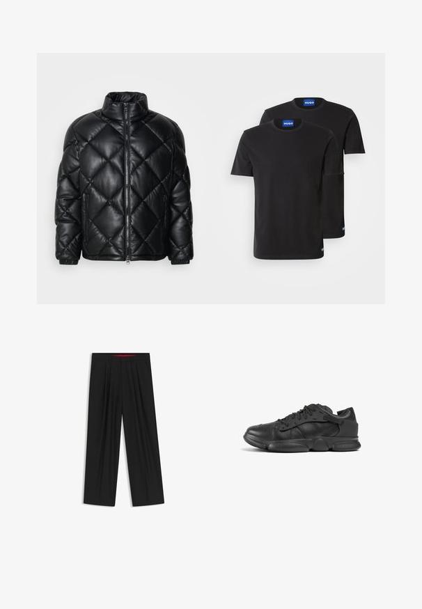 Giacca puffer nera trapuntata con colletto alto, zip frontale e tasche laterali con zip, realizzata in materiale lucido e liscio.; Due magliette di cotone nere con scollatura rotonda, maniche corte e etichette blu "HUGO" sui colli e sui bordi laterali.; Pantaloni neri a gamba larga con fronte piatto, due tasche laterali, design plissettato e un elastico in vita di colore rosso a contrasto.; Sneaker neri in pelle con finitura texture, caratterizzati da una punta arrotondata, lacci e una suola spessa in gomma per il supporto.