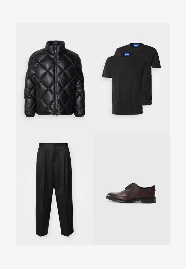 Mustmust koonusjakk kõrge kraega, esiküljel lukuga ja külgedel lukuga taskud, valmistatud siledast siidisest materjalist.; Kaks musta puuvillast T-särki ümmarguste kaelustega, lühikeste varrukatega, millel on sinised "HUGO" sildid kraedel ja külgservadel.; Mustad ülipikkade varrukatega püksid, millel on kõrge talje, laiad sääred ja teravad voldid. Valmistatud sileda materjaliga, millel on vöölink ja ilma nähtava riistvarata.; Pruun nahast kleitking, millel on paeltes disain, ümar varvas ja kontrastne must tald. Omab peenikest kontsa ning küljele on embosseeritud bränding.