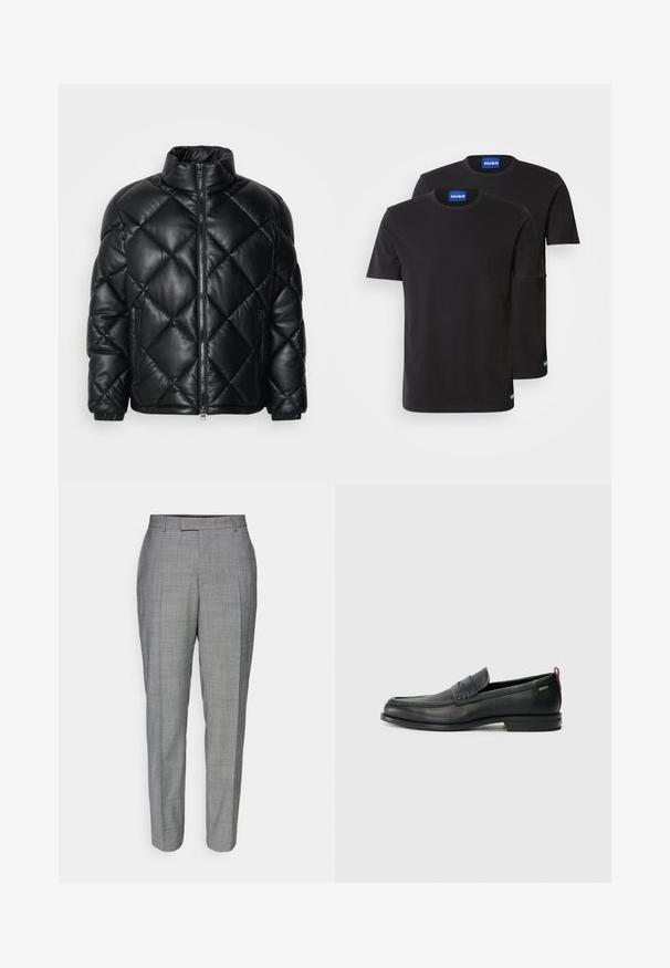 Juodas kvadratinis pūkų paltas su aukštu apykakle, priekiniais užtrauktukais ir užtrauktukinėmis šoninėmis kišenėmis, pagamintas iš lygaus blizgaus medžiagos.; Du penkių juodų medvilninių marškinėlių su apvaliais iškirpimais, trumpomis rankovėmis ir mėlynais "HUGO" etiketėmis ant apykaklių ir šoninių kraštų.; Pilki pritaikyti kelnių modeliai su subtiliu languotu raštu, tiesia iškirpte ir lygiu tekstūru, su plokščiu priekiu ir diržo kilpomis.; Juodi odiniai loafersai su tekstūruotu priekinės dalies panele ir lygiomis šoninėmis dalimis. Yra plonas kulnas ir užpakalinė kilpa patogiam užsidėjimui. Klasikinis dizainas.