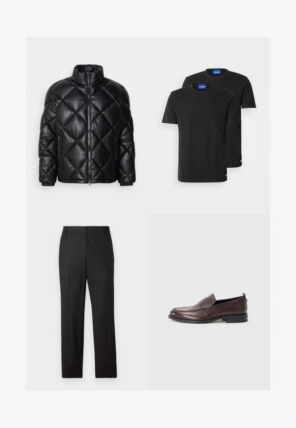 Melnā kviltēta pūkā žakete ar augstu apkakli, priekšējo rāvējslēdzi un rāvējslēdzēja sānu kabatām, izgatavota no gludas, spīdīgas materiāla.; Divas melnas kokvilnas T-kreklus ar apaļiem kakla izgriezumiem, īsām piedurknēm un ziliem "HUGO" uzrakstiem uz apkaklēm un sānu malām.; Melni bikses ar taisnu kājām, elastīgu jostu ar pogu aizdari, gludu priekšpusi un samtainu auduma tekstūru.; Brūni ādas mokasīni ar noapaļotu purngala daļu, ar šuvju detaļām un nelielu sarkanu akcents papēdī. Plakanā gumijas zole.