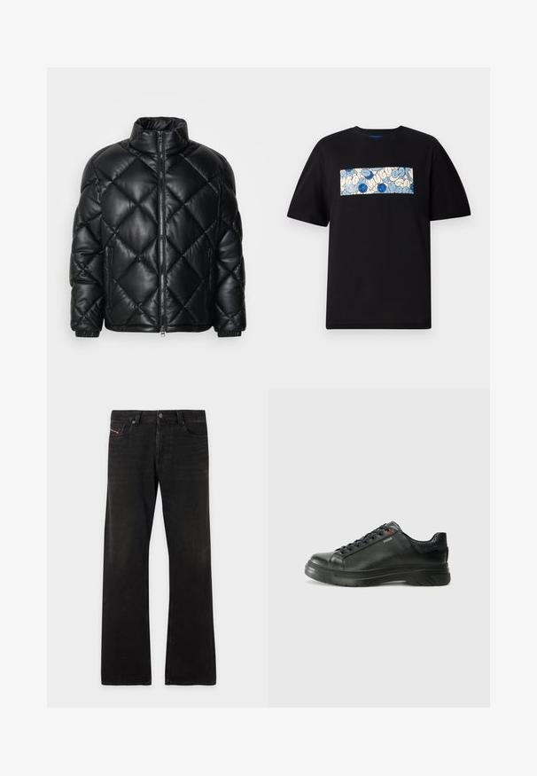 Svart quiltet pufferjakke med høy krage, frontglidelås og glidelåslommer på sidene, laget av glatt, skinnende materiale.; Svart bomull t-skjorte med et rektangulært grafisk element i blått og kremfarge, med sirkulære mønstre og doodles, designet for en avslappet passform.; Svarte denim straight-leg jeans med fem lommer og knappestengning, som viser lett falming på lårene og knærne.; Svarte lærsneakers med teksturert overdel, polstret krage og rød logodetalj. Har en tykk gummisåle med tydelig mønster.
