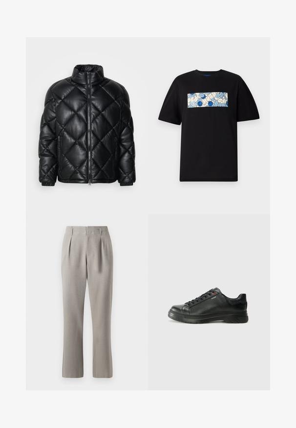 Schwarze gesteppte Puffjacke mit hohem Kragen, Frontreißverschluss und seitlichen Reißverschlusstaschen, aus glattem, glänzendem Material gefertigt.; Schwarzes Baumwoll-T-Shirt mit einem rechteckigen grafischen Design in Blau und Creme, verziert mit kreisförmigen Mustern und Kritzeleien, gestaltet für einen lässigen Schnitt.; Graue, maßgeschneiderte Hosen mit glatter Textur, die vordere Falten, Gürtelschlaufen und gerade Beine aufweisen. Das Material wirkt strukturiert und leicht.; Schwarze Leder-Sneaker mit strukturiertem Obermaterial, gepolstertem Kragen und rotem Logo-Detail. Verfügt über eine dicke Gummisohle mit markantem Profil.
