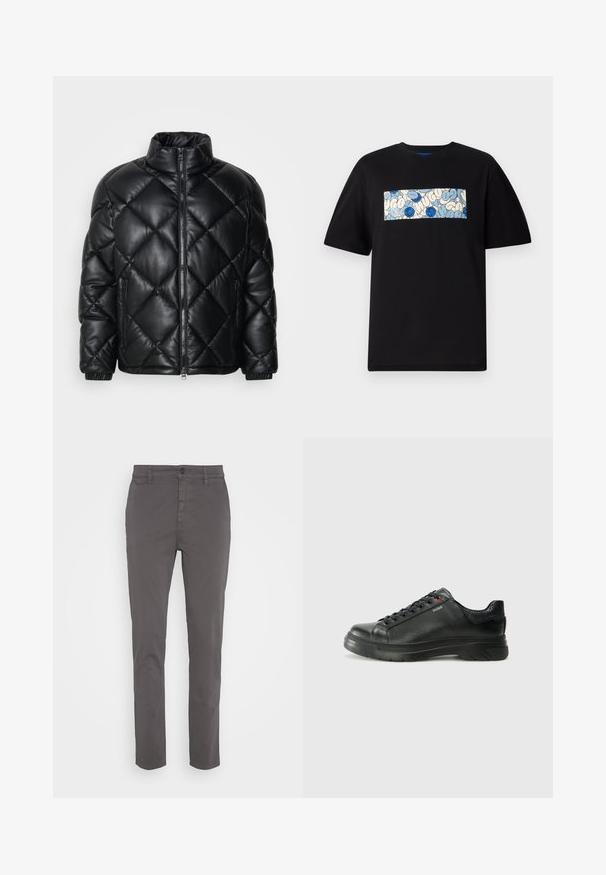 Mustmust koonusjakk kõrge kraega, esiküljel lukuga ja külgedel lukuga taskud, valmistatud siledast siidisest materjalist.; Must mõnusa lõikega must puuvillane t-särk, millel on sinise ja kreemika värvi ristkülikukujuline graafika koos ringikujuliste mustrite ja joonistustega.; Hallid chinos õhukese lõikega, valmistatud hingavast puuvillast. Omab nupuga sulgemist ja küljetaskuid, ning sujuvat, mati viimistlust.; Must musta tennis, mille tekstuuriga pealis, pehmendatud krae ja punane logo detail. Omab paksu kummist tallat, millel on selge tallamuster.