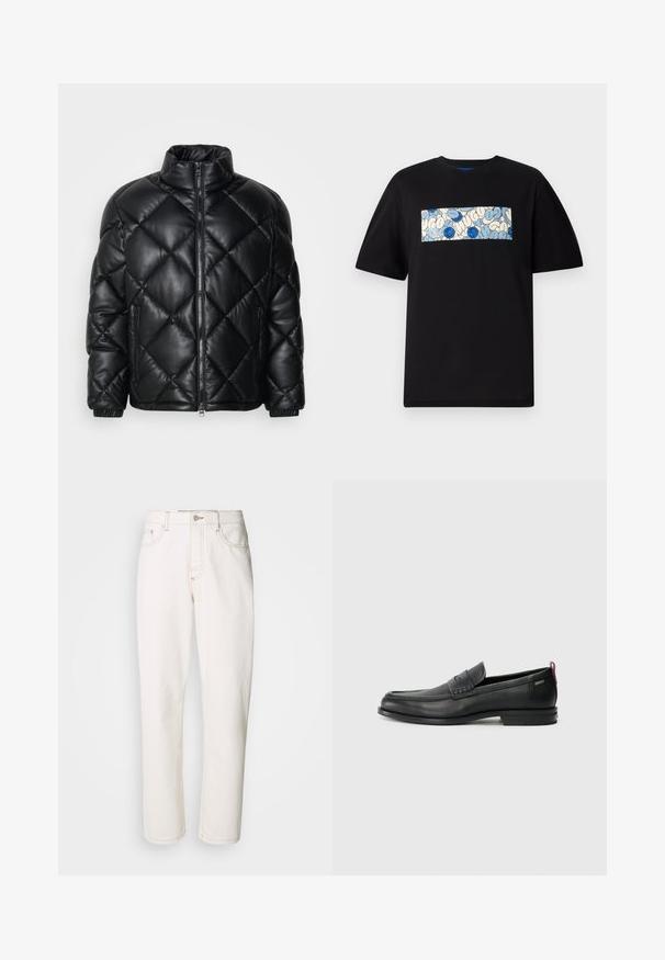 Jachetă puf cu model matlasat, de culoare neagră, cu guler înalt, fermoar frontal și buzunare laterale cu fermoar, realizată dintr-un material lucios și neted.; Tricou din bumbac negru cu un grafic rectangular în nuanțe de albastru și crem, cu modele circulare și desene. Este conceput pentru o potrivire lejeră.; Jeans din denim alb cu un design drept, având cusături brodate, închidere cu buton metalic și construcție standard cu cinci buzunare.; Loafers din piele neagră cu un panou frontal texturat și laterale netede. Dispune de un toc subțire și o buclă în spate pentru o purtare ușoară. Design clasic.